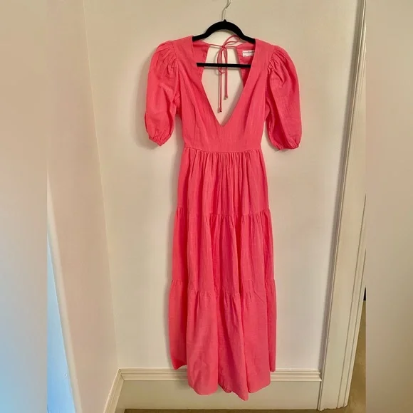 Seven Wonders V Neck Puff Sleeve Linen Maxi Dress in Pink Size S - Picture 3 of 11